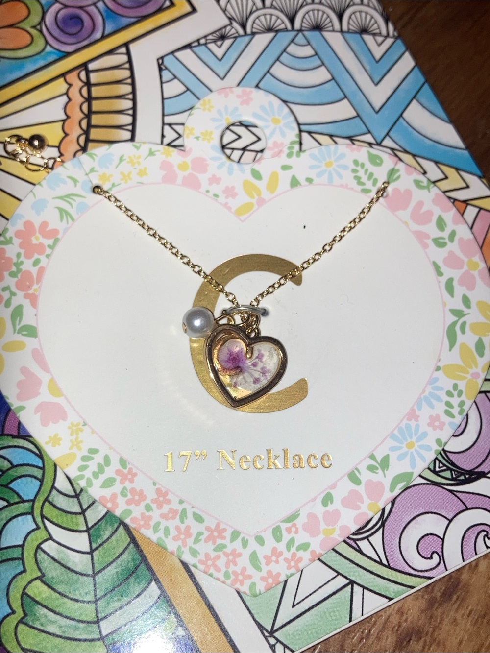 Gold Initial 'C' Heart Pendant Necklace with Floral Accent - 17"
